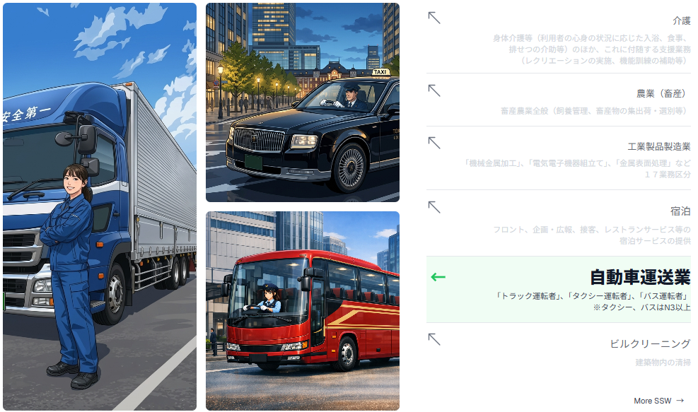特定技能の分野：介護、農業、工業製品製造業、宿泊、自動車運送業、ビルクリーニング